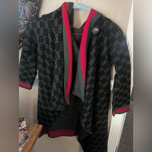 Gucci Black Knit Hooded Cardigan 
-wrap with Red and Green Trim